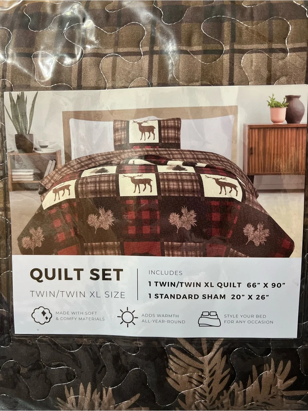 Rustic Brown Plaid Moose Quilt Set with Sham